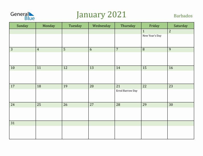 January 2021 Calendar with Barbados Holidays