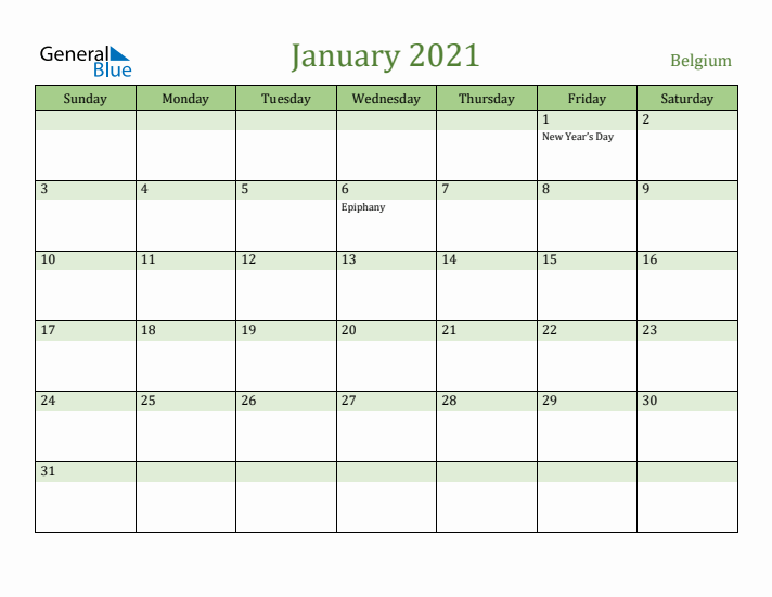 January 2021 Calendar with Belgium Holidays