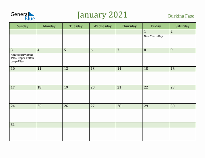January 2021 Calendar with Burkina Faso Holidays