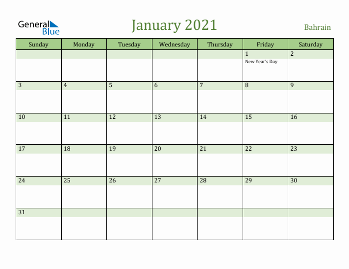January 2021 Calendar with Bahrain Holidays