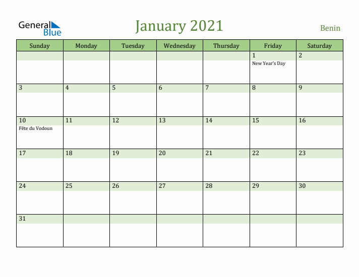 January 2021 Calendar with Benin Holidays
