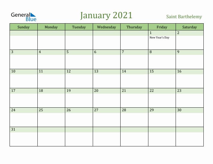 January 2021 Calendar with Saint Barthelemy Holidays