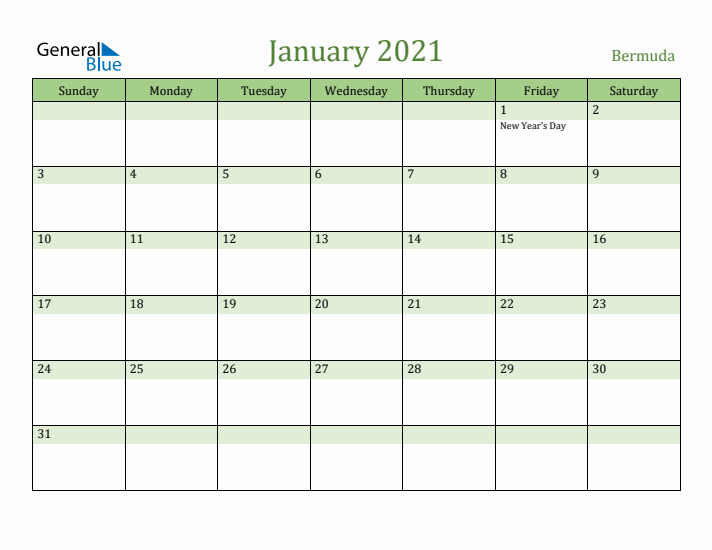 January 2021 Calendar with Bermuda Holidays