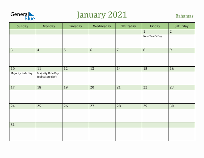 January 2021 Calendar with Bahamas Holidays