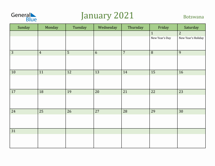 January 2021 Calendar with Botswana Holidays