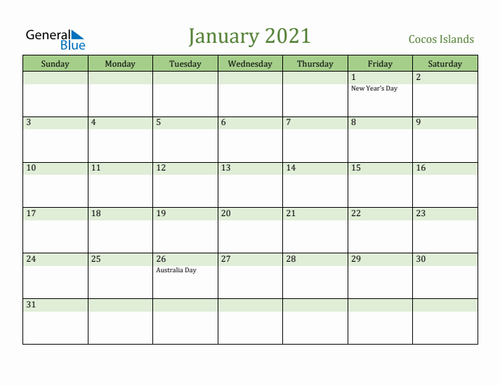 January 2021 Calendar with Cocos Islands Holidays