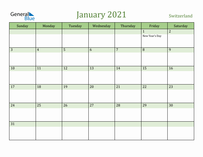 January 2021 Calendar with Switzerland Holidays