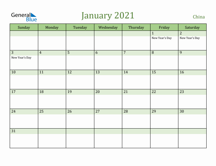 January 2021 Calendar with China Holidays