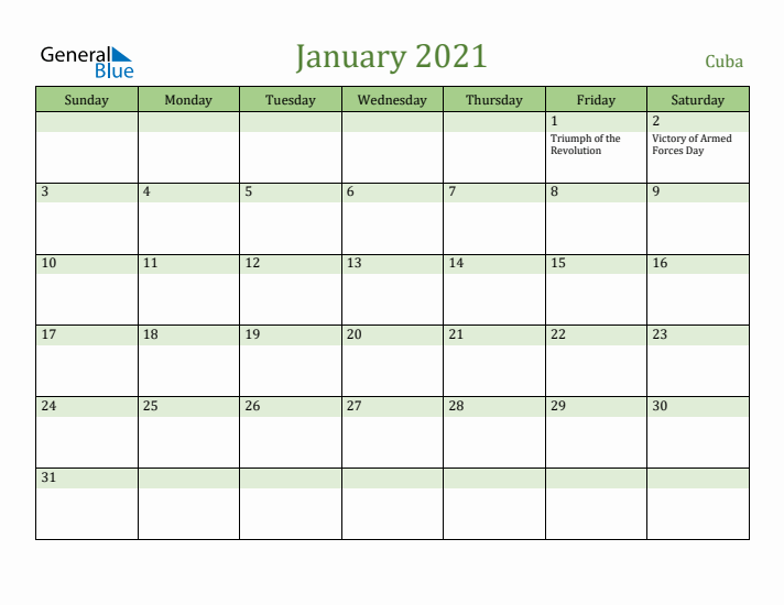 January 2021 Calendar with Cuba Holidays