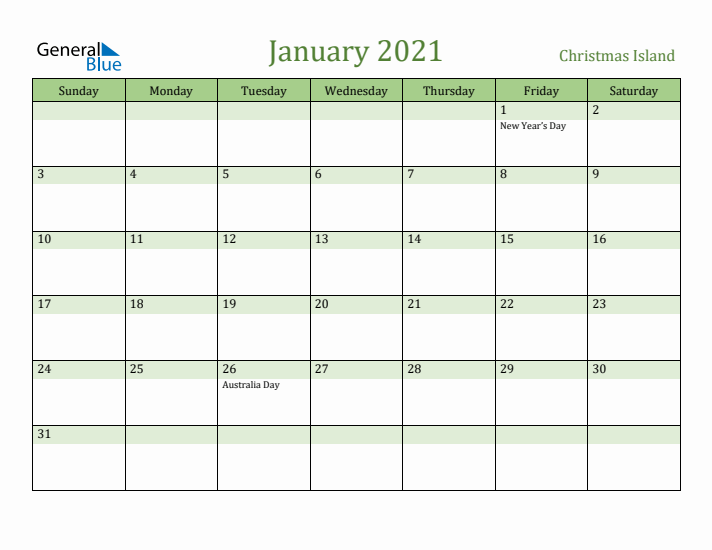 January 2021 Calendar with Christmas Island Holidays