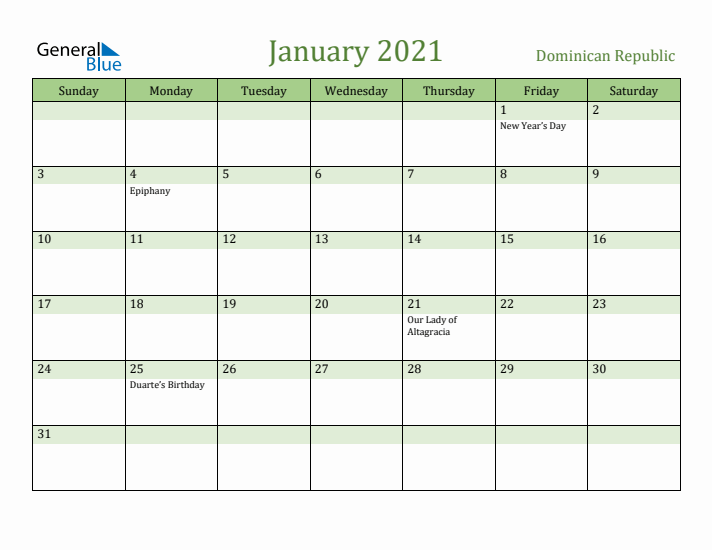 January 2021 Calendar with Dominican Republic Holidays