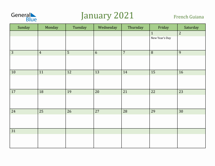 January 2021 Calendar with French Guiana Holidays
