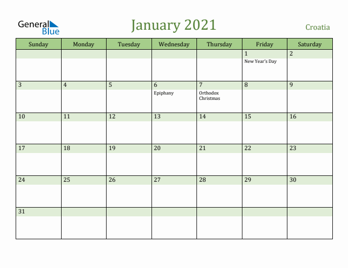 January 2021 Calendar with Croatia Holidays