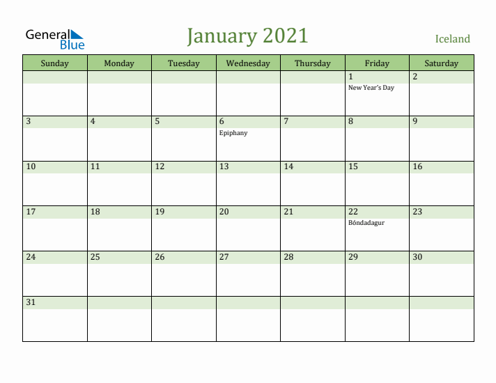 January 2021 Calendar with Iceland Holidays