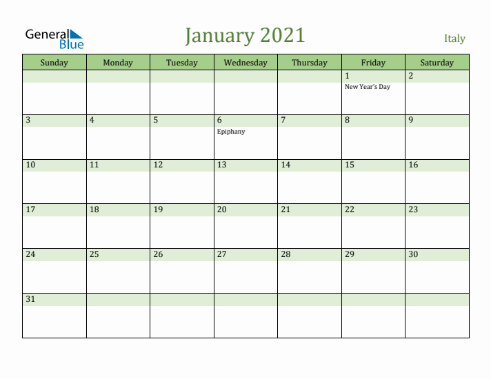 January 2021 Calendar with Italy Holidays