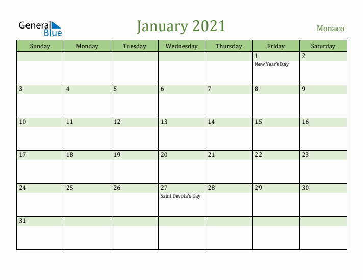 January 2021 Calendar with Monaco Holidays