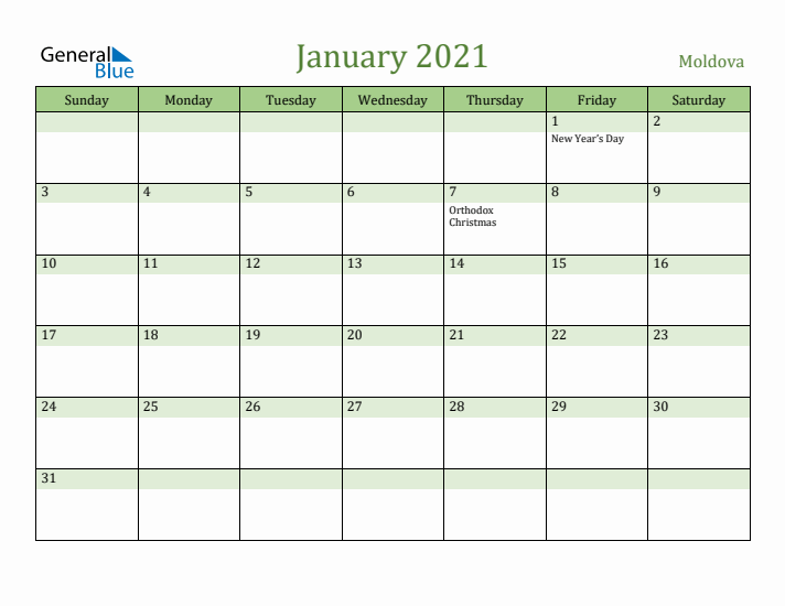 January 2021 Calendar with Moldova Holidays
