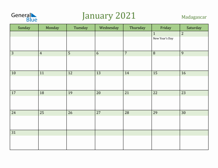 January 2021 Calendar with Madagascar Holidays