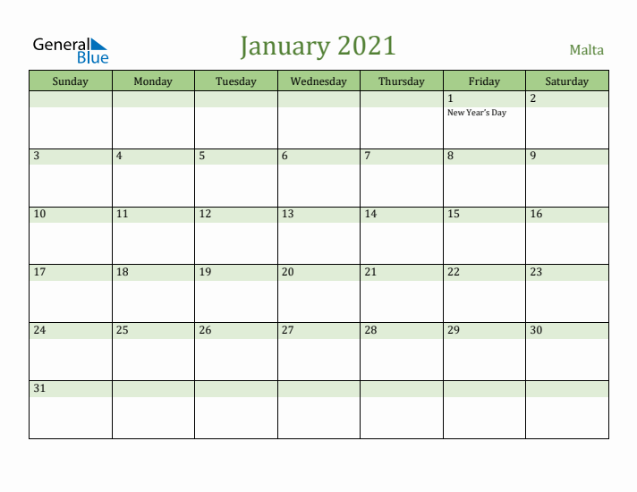 January 2021 Calendar with Malta Holidays