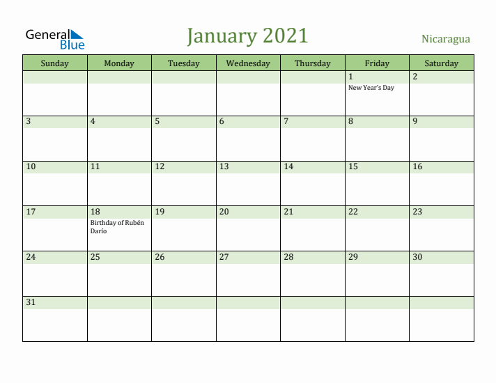 January 2021 Calendar with Nicaragua Holidays