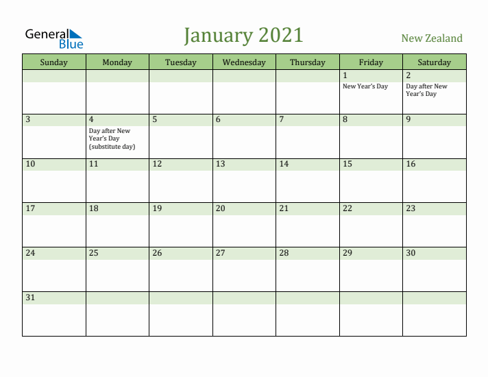 January 2021 Calendar with New Zealand Holidays
