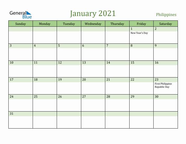 January 2021 Calendar with Philippines Holidays