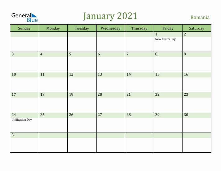 January 2021 Calendar with Romania Holidays