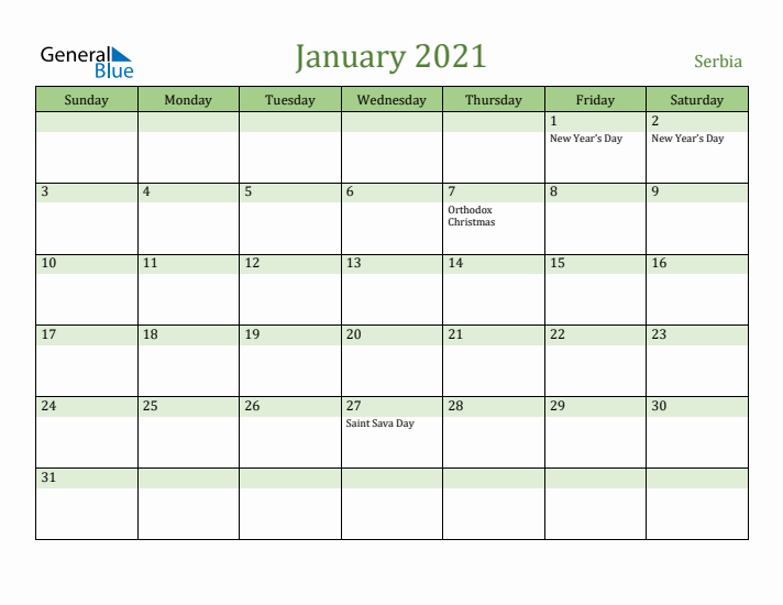 January 2021 Calendar with Serbia Holidays