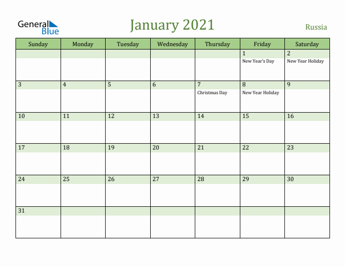 January 2021 Calendar with Russia Holidays