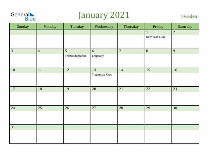 January 2021 Calendar with Sweden Holidays