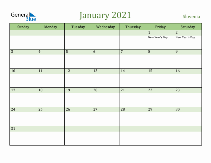 January 2021 Calendar with Slovenia Holidays
