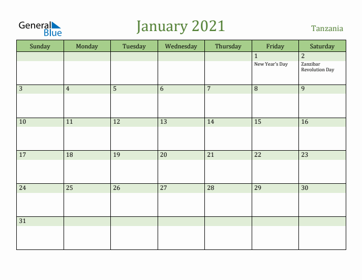 January 2021 Calendar with Tanzania Holidays