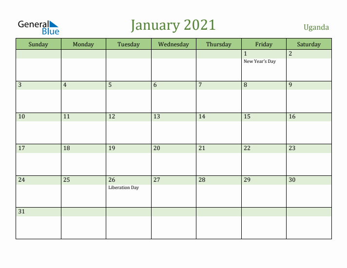 January 2021 Calendar with Uganda Holidays