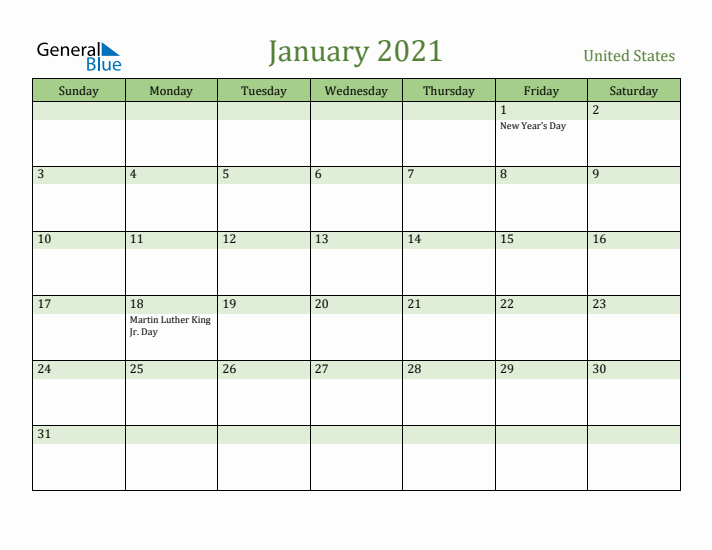 January 2021 Calendar with United States Holidays