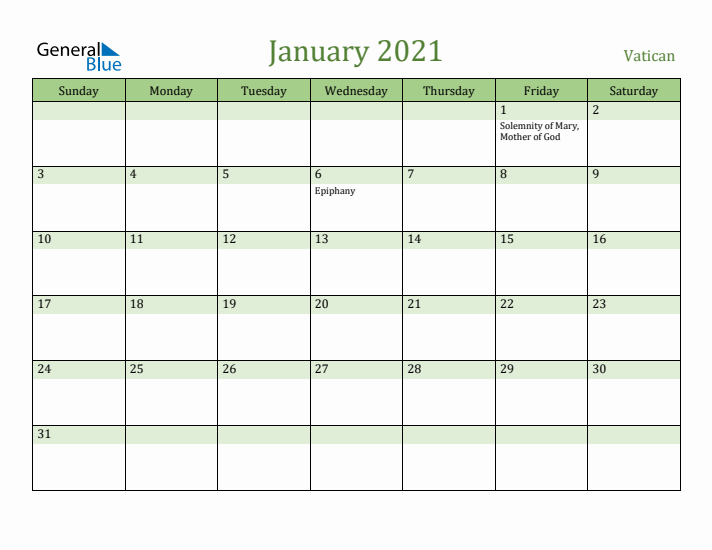 January 2021 Calendar with Vatican Holidays