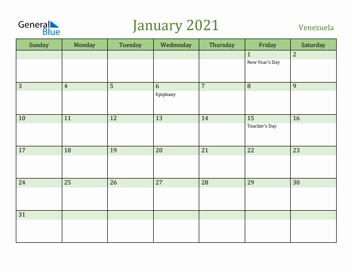January 2021 Calendar with Venezuela Holidays