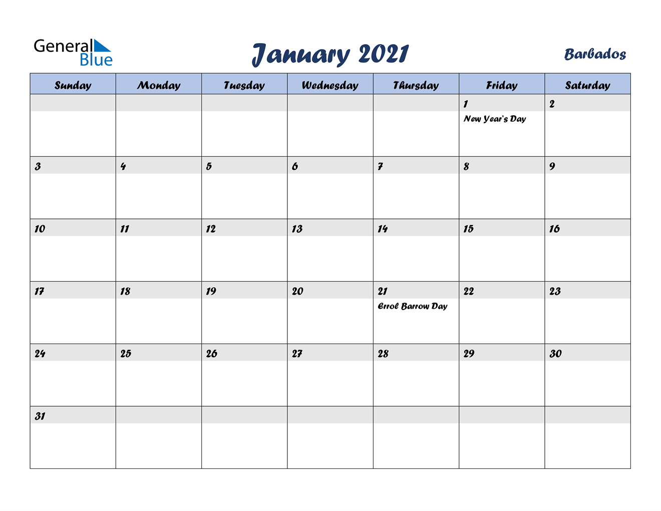 January 2021 Calendar - Barbados