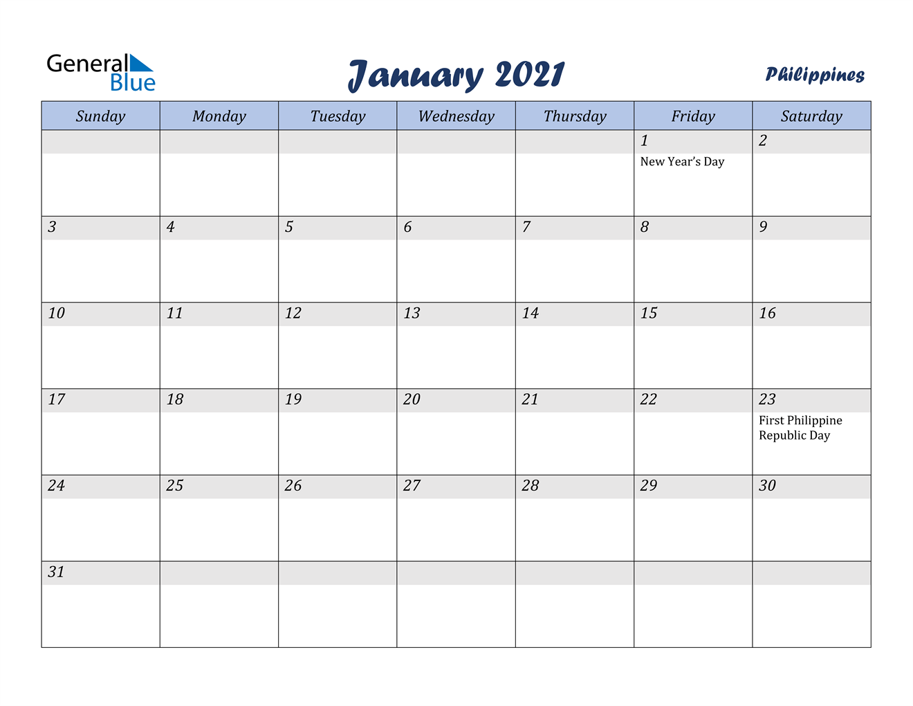 January 2021 Calendar - Philippines