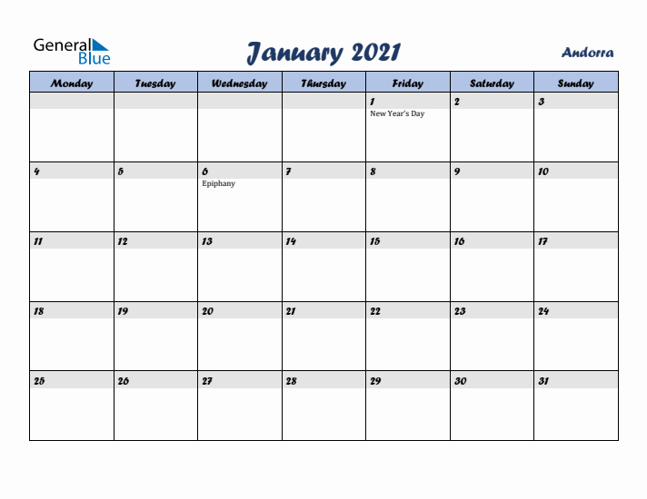 January 2021 Calendar with Holidays in Andorra