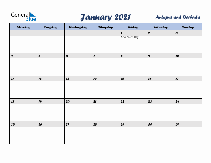 January 2021 Calendar with Holidays in Antigua and Barbuda