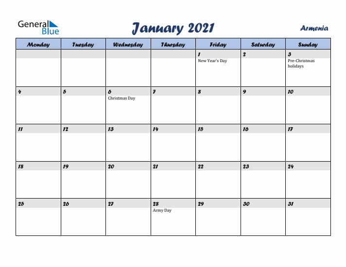 January 2021 Calendar with Holidays in Armenia