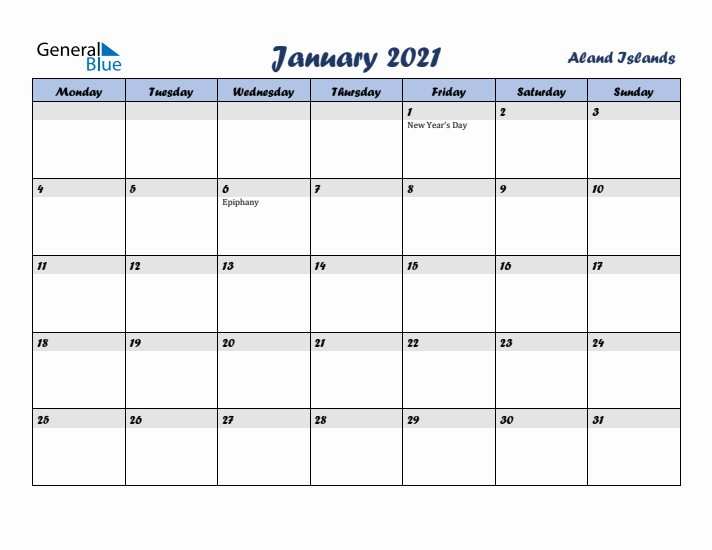 January 2021 Calendar with Holidays in Aland Islands