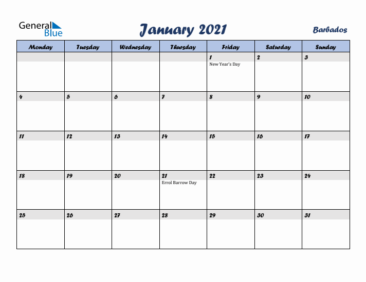 January 2021 Calendar with Holidays in Barbados
