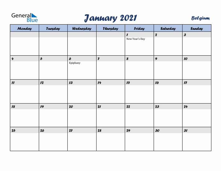 January 2021 Calendar with Holidays in Belgium