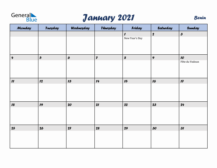 January 2021 Calendar with Holidays in Benin