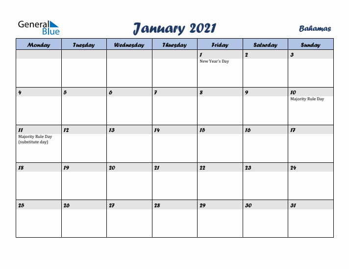 January 2021 Calendar with Holidays in Bahamas