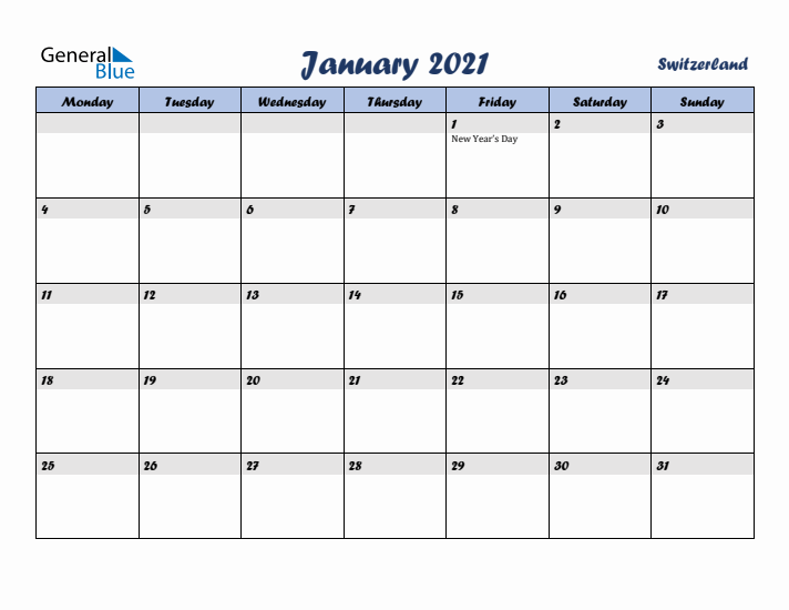 January 2021 Calendar with Holidays in Switzerland