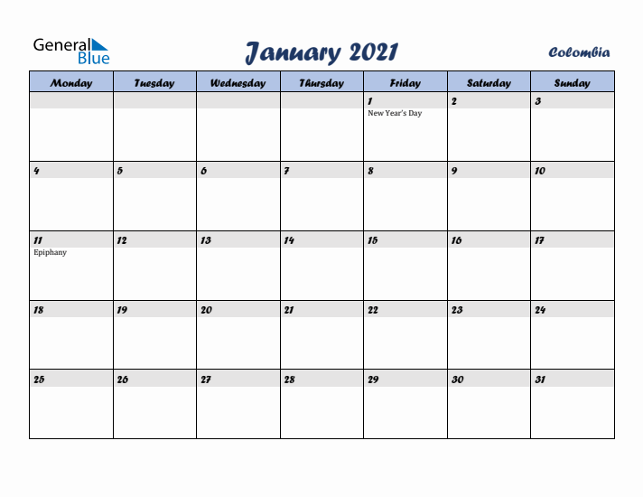 January 2021 Calendar with Holidays in Colombia