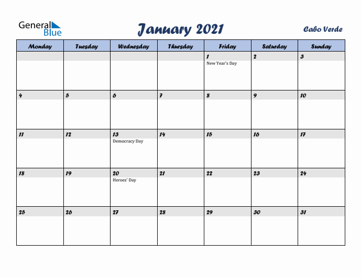 January 2021 Calendar with Holidays in Cabo Verde