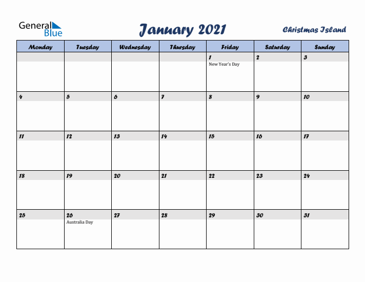 January 2021 Calendar with Holidays in Christmas Island